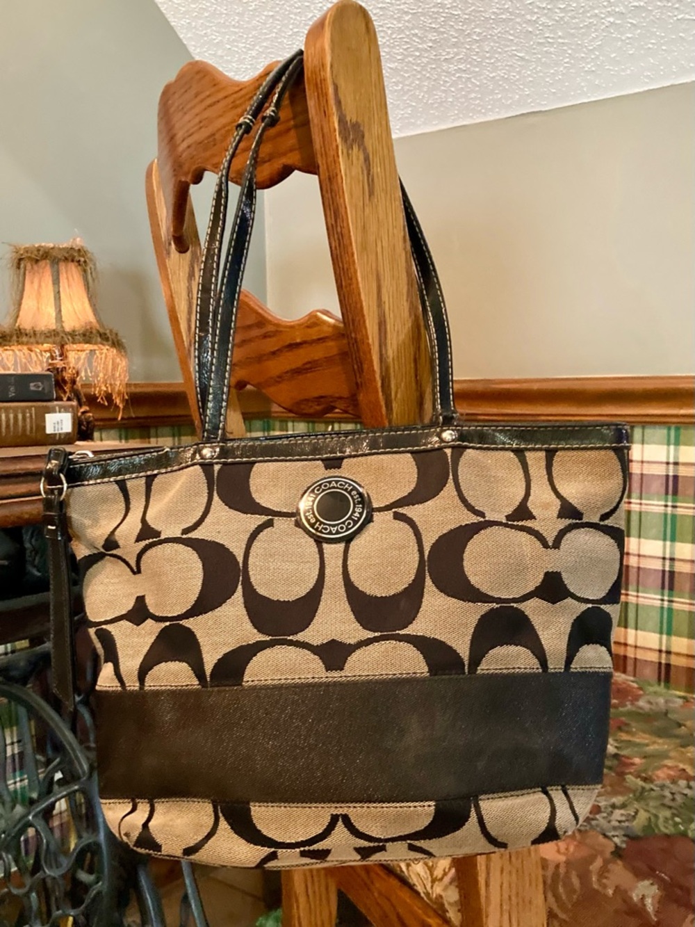 Coach Black and Khaki Signature Canvas Bag